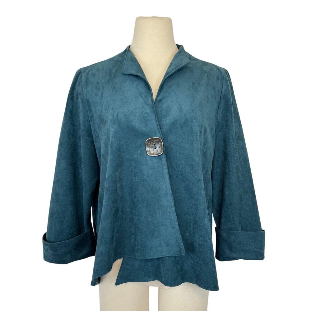 IC Collection Connie K Faux Suede Asymmetrical One Button Swing Jacket Teal XL